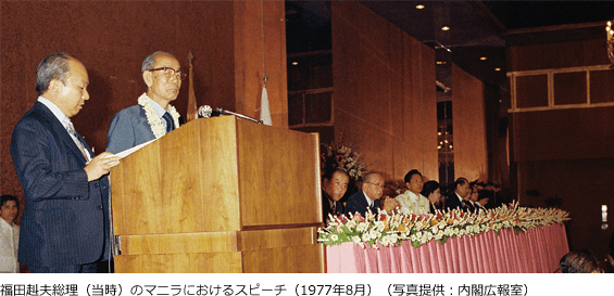 福田赳夫総理（当時）のマニラにおけるスピーチ（1977年8月）（写真提供：内閣広報室）
